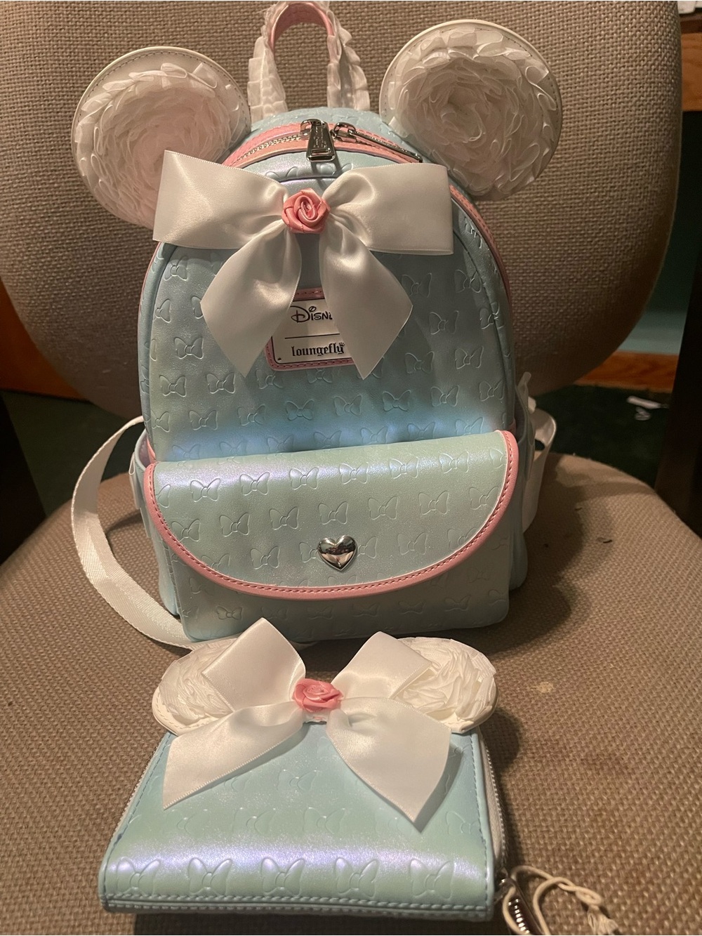 Loungefly Iridescent Pastel Blue & Pink Minnie Ear Mini Backpack with Bow